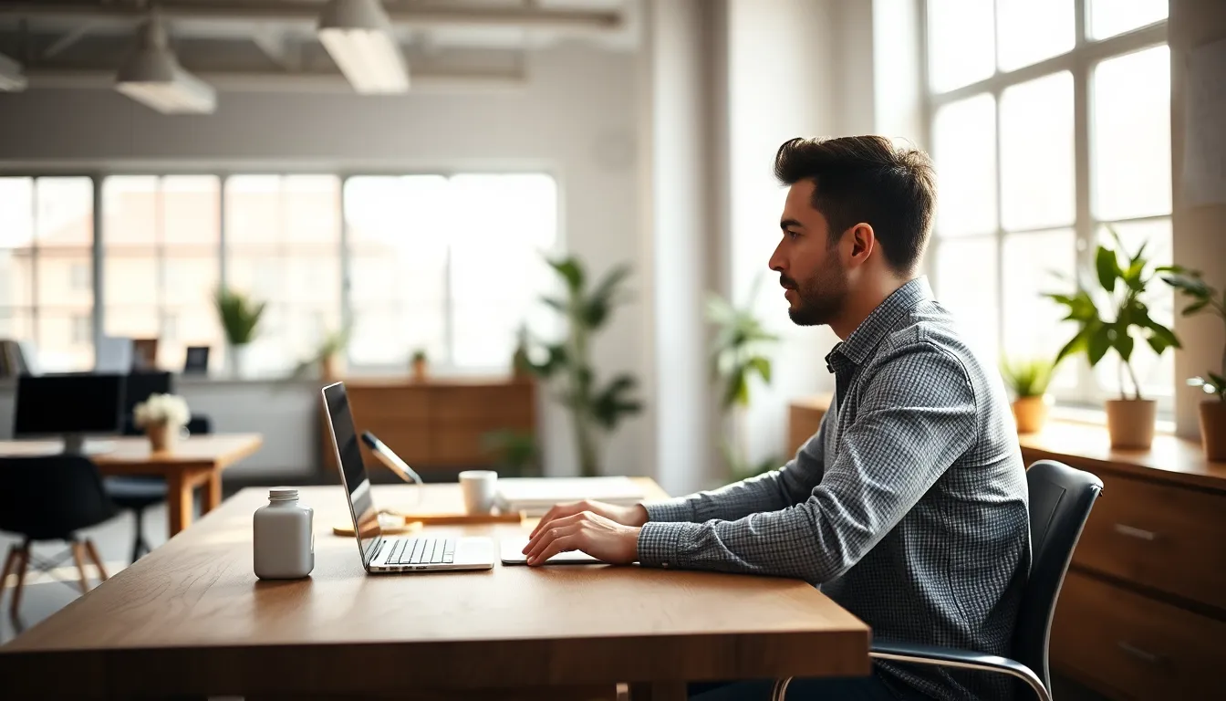 An entrepreneur deeply focused on work in a bright, modern office setting. Soft daylight filters through large windows, creating a serene atmosphere. The warm, neutral tones of the wooden desk and soft bokeh background enhance the productivity vibe of the scene, emphasizing the subject's concentration and commitment. The thoughtful composition draws the viewer's eye to the engaged entrepreneur, inspiring a sense of motivation and professionalism.