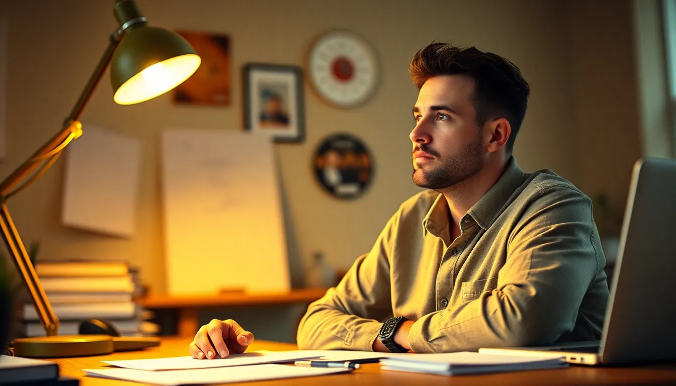 This image captures an entrepreneur deeply absorbed in thought at a stylish modern workspace. Warm lighting from a tungsten lamp creates a cozy atmosphere, highlighting the subject's focused expression. The use of rich, warm tones enhances the inviting feel of the scene, while the sophisticated desk setup includes a laptop and scattered notes. The composition draws the viewer's eye along the desk's texture, creating a perfect blend of professional and personal space.