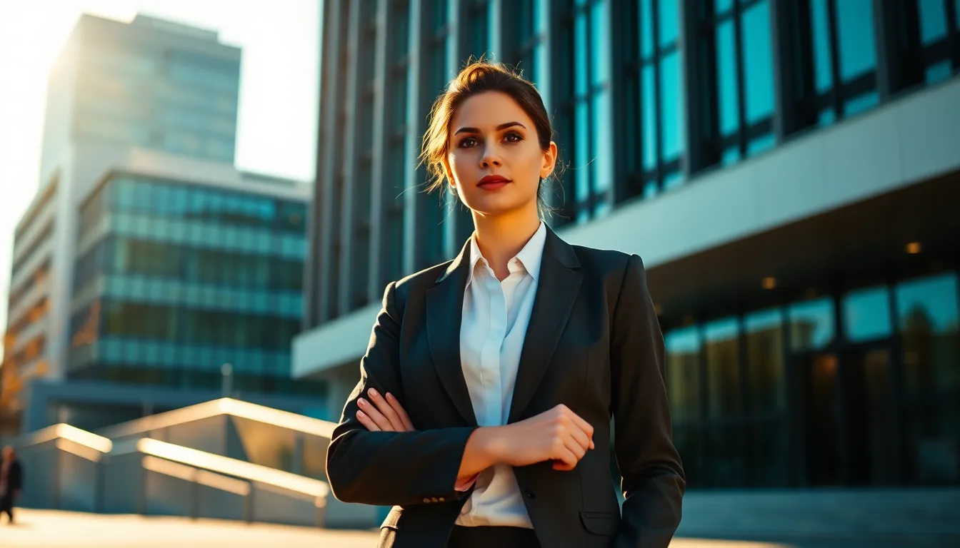 A confident female entrepreneur is featured standing in front of a striking modern building, exuding strength and determination in her tailored suit. The afternoon sunlight casts dynamic shadows, enhancing her assertive stance against the blend of teal and orange hues that invigorate the scene. With a soft bokeh background, her figure stands out prominently, mirroring the contemporary architecture behind her. The composition captures the essence of ambition and innovation in a vibrant urban setting.