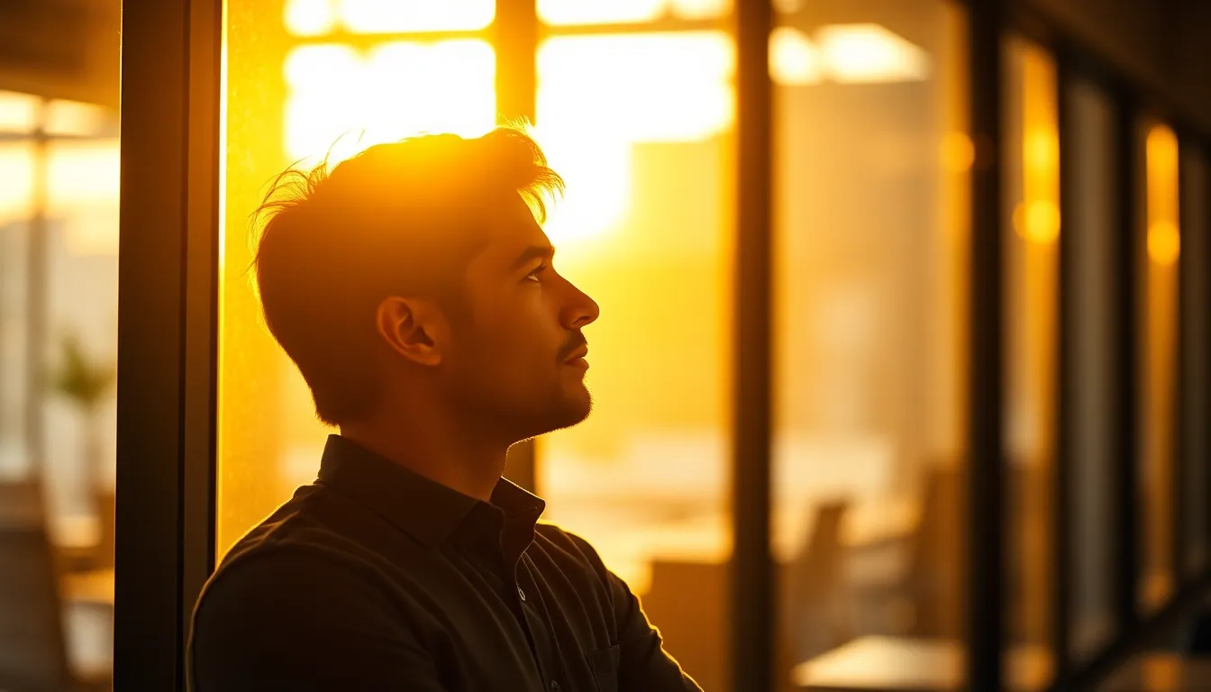 An entrepreneur is captured in a moment of reflection, gazing thoughtfully out the window of a sleek co-working space. The warm golden hour light creates a soft halo around them, enhancing the contemplative mood. With a shallow depth of field, the background melts into creamy bokeh, providing a serene atmosphere. The warm color palette adds a touch of inspiration, while the off-center composition invites the viewer to share in this moment of introspection and future planning.