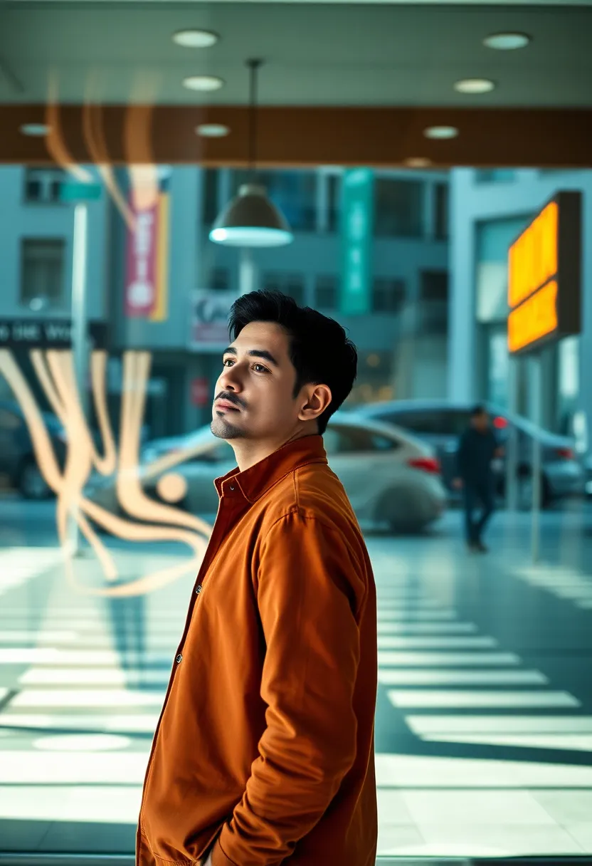 An entrepreneur stands pensively in front of a reflective glass storefront, with vibrant street life reflected in the glass. Soft natural light highlights their features against the dynamic urban backdrop. The cinematic teal and orange color grading enhances the contemporary feel of the scene while the off-center composition creates a sense of movement. This image captures the essence of entrepreneurial spirit in an urban setting.