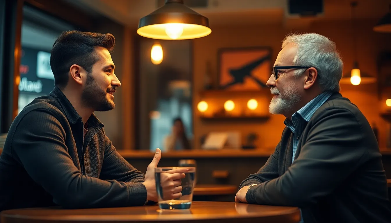 An entrepreneur shares an intimate conversation with a mentor in a cozy café setting. The warm light from a desk lamp envelops the space, creating an inviting atmosphere for candid discussions. The shallow depth of field captures the engaged expressions, highlighting the significance of their exchange. With warm earthy tones contrasting the café’s decor, the composition enhances the intimate flow of their mentorship, inspiring collaboration and growth.