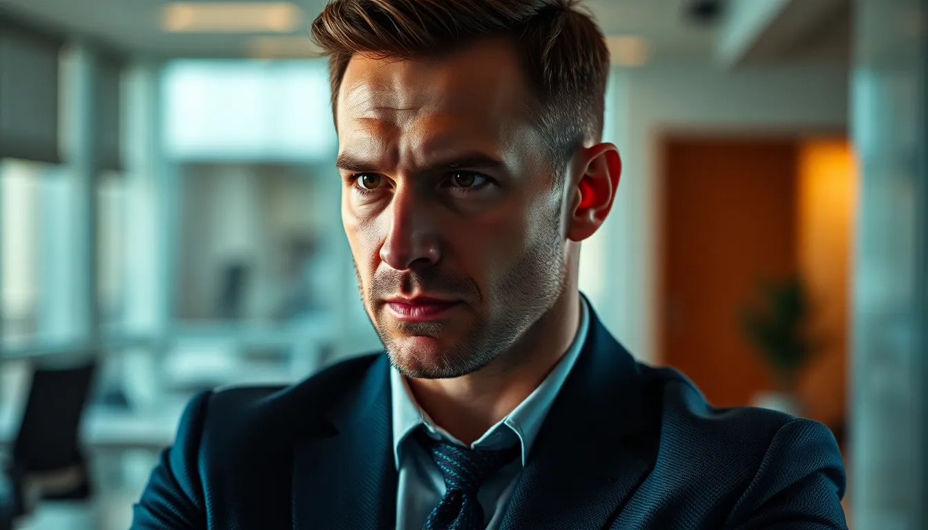 A focused entrepreneur stands confidently in a modern office environment, with striking side lighting highlighting their determined expression. Wearing a tailored suit, the subject draws attention through a shallow depth of field that beautifully blurs the background. The cinematic teal and orange color grading adds to the professional atmosphere, emphasizing ambition and drive. This composition captures the essence of entrepreneurship in a contemporary workspace.