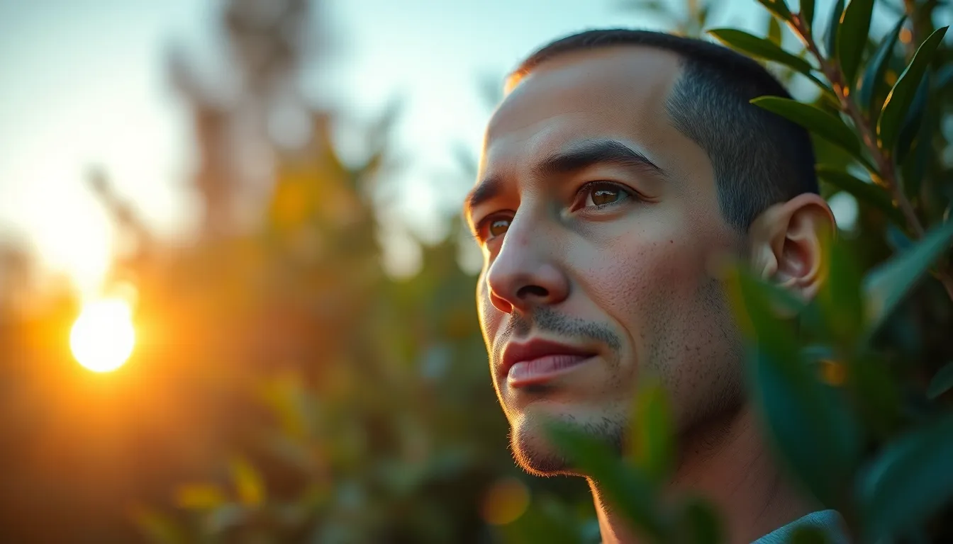 A confident entrepreneur stands in a sunlit field during golden hour, exuding ambition and hope. Surrounded by lush greenery, the warm backlighting creates a soft halo effect around them. With a focused gaze, they embody the spirit of entrepreneurship amidst nature's beauty. The scene's warm color palette enhances the uplifting mood, making it ideal for business-related themes.