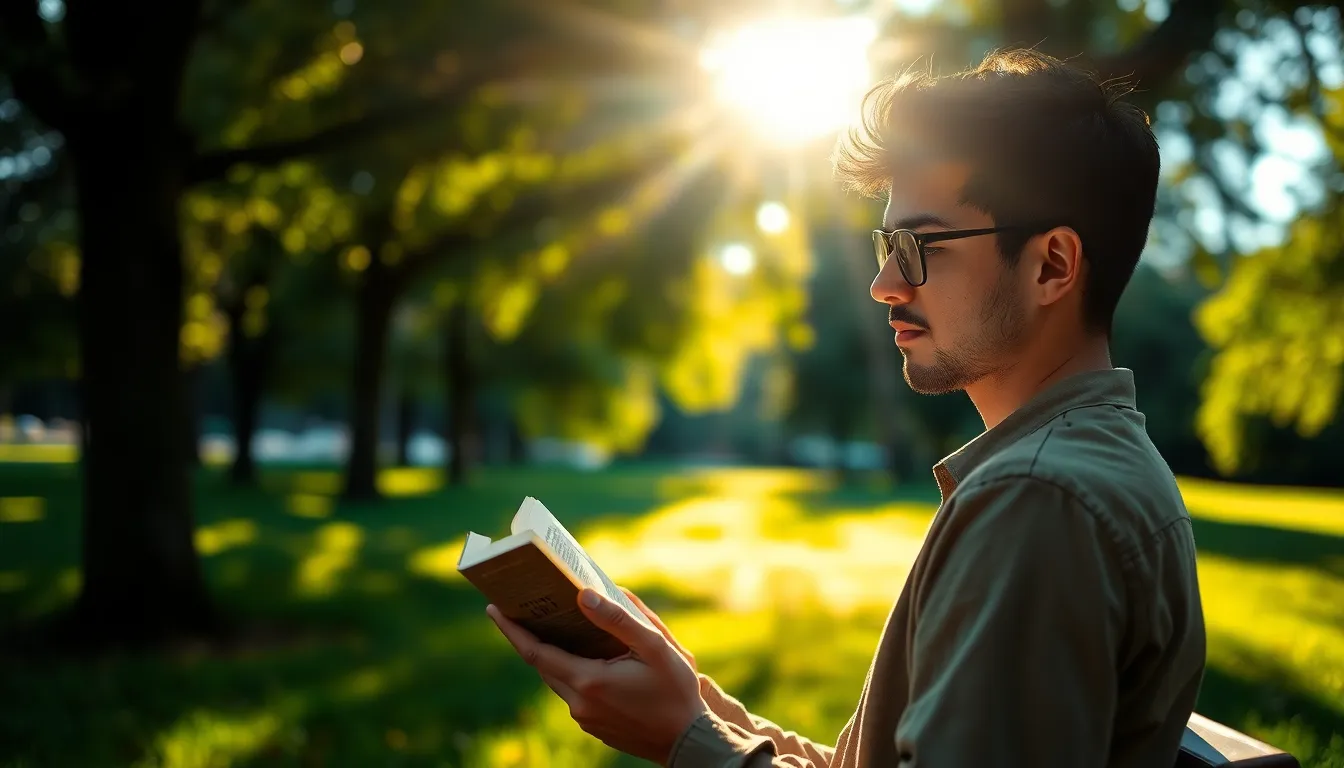 A young entrepreneur is captured in a serene park setting, engrossed in reading a book under a beautiful tree. Dappled sunlight filters through the leaves, creating enchanting bokeh highlights around her. The vibrant colors of the natural environment come alive, with rich greens contrasting against the warm tones of her attire. The composition draws attention to her focused expression, inviting viewers into a moment of peaceful inspiration.