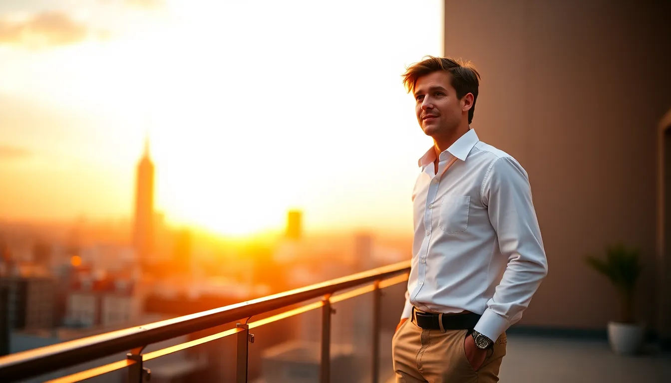 In this striking image, a young male entrepreneur stands confidently on a rooftop terrace, illuminated by the warm glow of sunset. His clean attire juxtaposes beautifully against the dynamic city skyline, evoking a sense of ambition and clarity. The colors of the setting sun reflect the entrepreneurial spirit, creating a vivid and inspiring atmosphere. The shallow focus draws attention to his contemplative expression and the blurred cityscape, highlighting the blend of personal reflection and professional aspirations.
