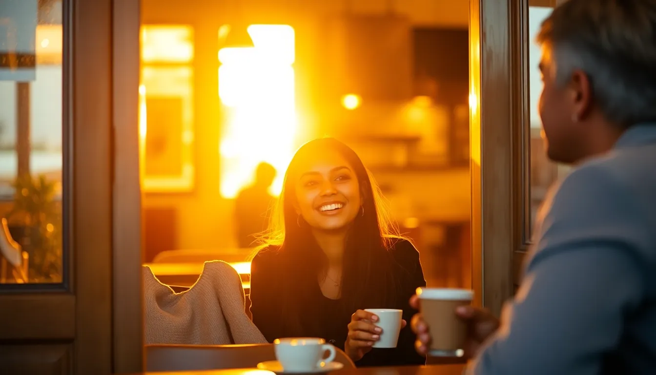 This engaging image captures a young Hispanic entrepreneur in a cozy café, animatedly discussing ideas with a colleague during the golden hour. The warm light filtering through the window adds a soft glow, creating an inviting atmosphere. With a focus on her sparkling eyes and gentle bokeh surrounding them, the photo beautifully encapsulates the essence of collaboration and creativity. Textures of the rustic wood and coffee cups bring warmth and reality to the scene, inviting viewers into this moment of inspiration.