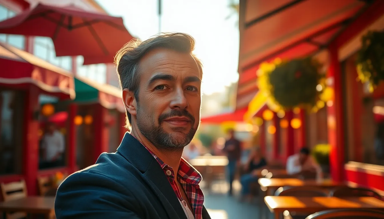 This vivid image captures an entrepreneur deep in conversation at a lively outdoor cafe. Warm late afternoon sunlight blankets the scene in golden tones, enhancing the vibrant colors around. The subject, dressed in smart-casual attire, is sharply focused, exuding energy and enthusiasm. The soft bokeh in the background adds a dreamy quality, perfectly framing this dynamic moment.