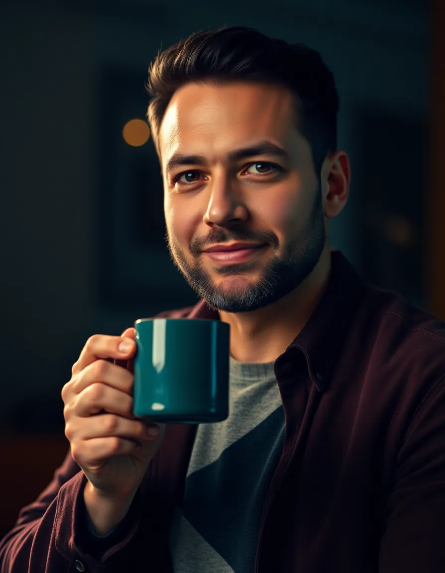 This intimate portrait captures an entrepreneur radiating confidence while holding a coffee mug in a studio setting. Dramatic Rembrandt lighting accentuates their facial features and highlights the determination in their expression. The cinematic color grading enhances the powerful atmosphere, inviting viewers to connect with this moment of personal reflection. The creamy bokeh background ensures that the subject stands out distinctly, making it ideal for motivational content.