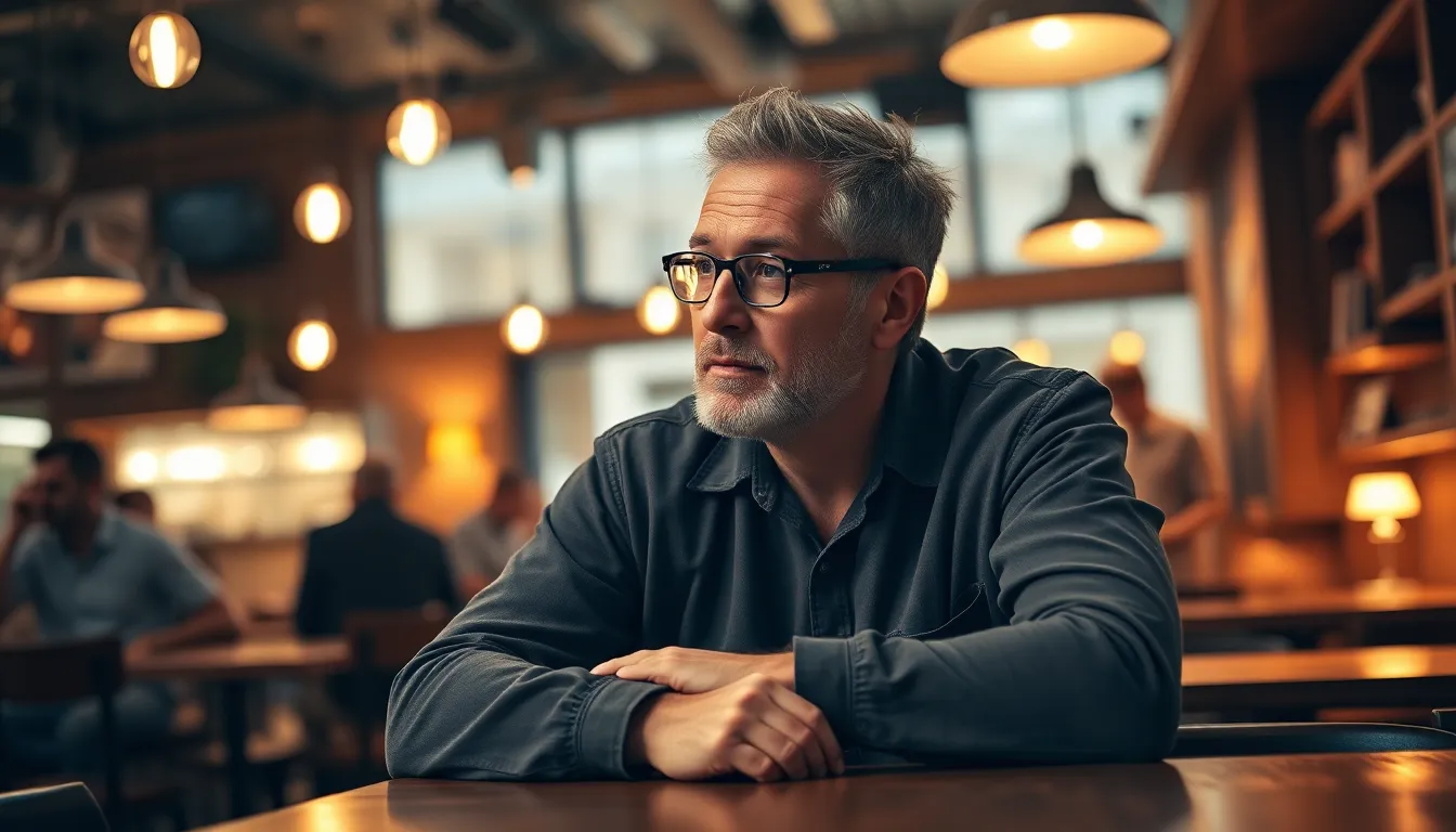 This inviting image features a middle-aged entrepreneur immersed in thought at a bustling café. The warm tungsten lighting creates a golden atmosphere, accentuating his focused expression as he jots down ideas. With blurred patrons in the background, the rich textures of the wooden table and furniture enhance the scene's warmth. The shallow depth of field directs attention to him, embodying the creative spirit of entrepreneurship amidst the café's lively environment.