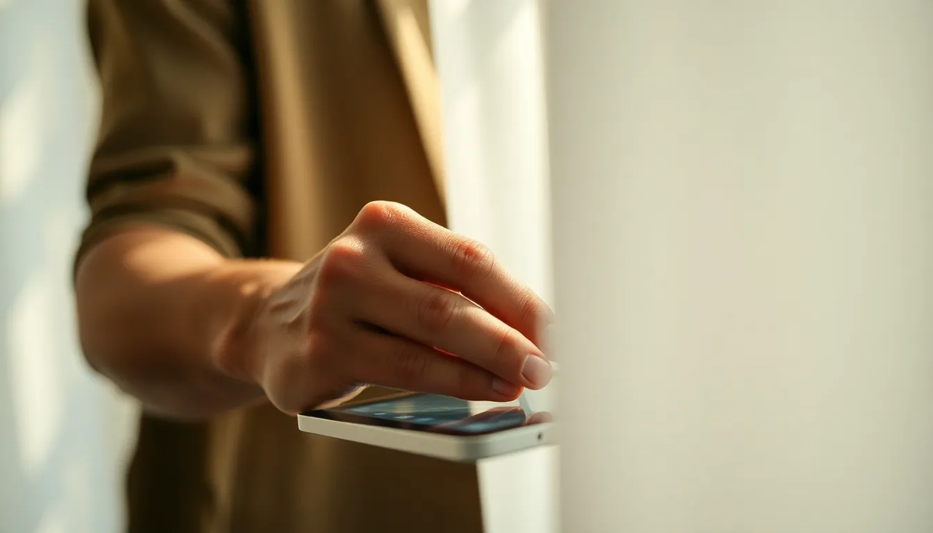 A close-up captures an entrepreneur’s hands intently working on a tablet, with natural light softly filtering through sheer curtains. The earthy tones reflect a calm and creative workspace, while the textured skin detail adds a personal touch. The composition focuses on the hands, emphasizing the act of creation, with a soft background that enhances the intimate feel of the scene. This image portrays the blend of technology and craftsmanship in modern entrepreneurship.
