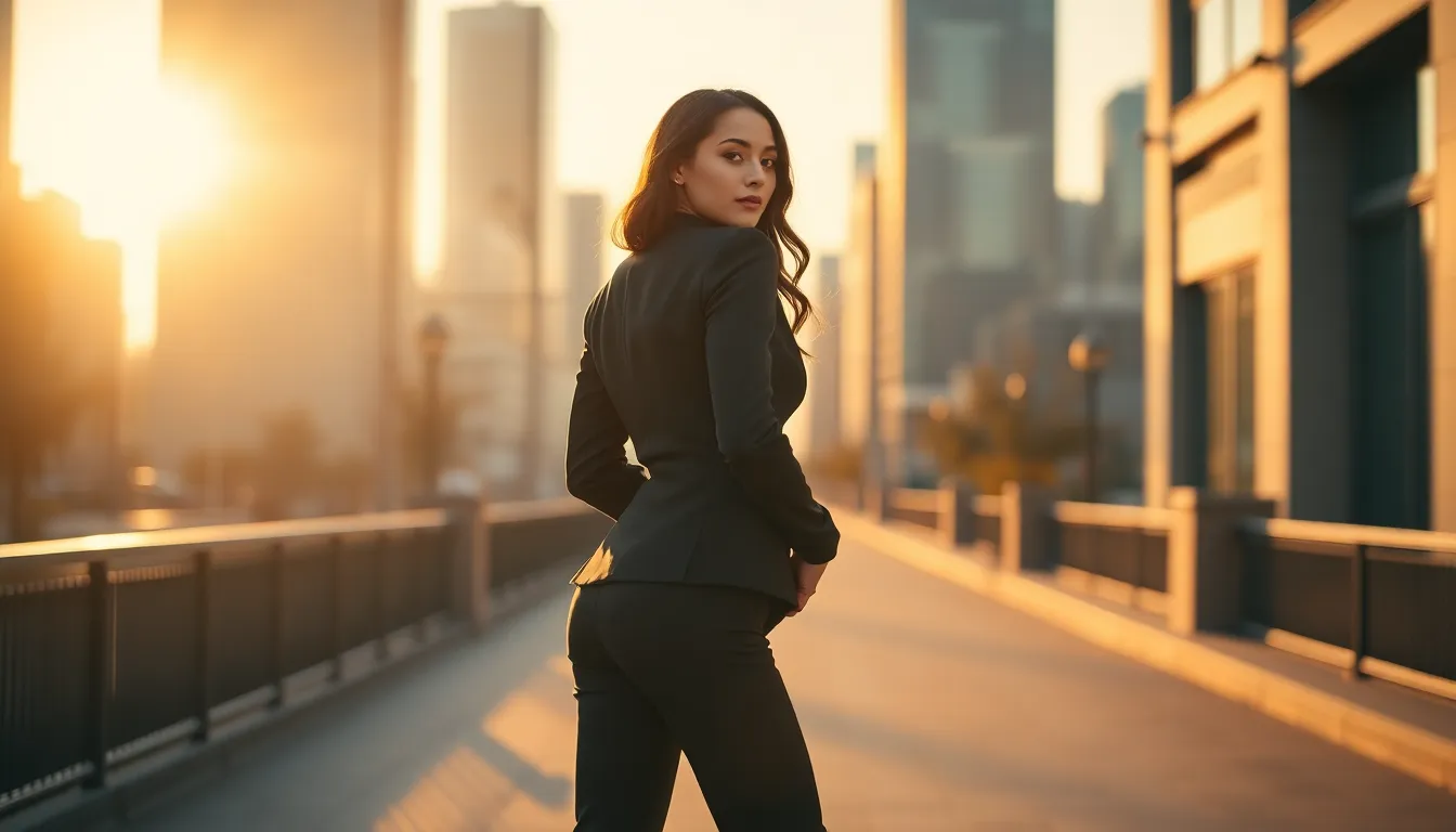This striking image showcases a fashionable entrepreneur poised against an urban backdrop. Captured during the golden hour, the warm rim light caresses her silhouette in a chic suit, exuding confidence and sophistication. The soft bokeh of the city skyline enhances the focus on her, while the warm color palette adds to the ethereal quality of the scene. The composition emphasizes her elegant stance, reinforced by the lines of the pavement leading towards her, embodying modern entrepreneurship in style.
