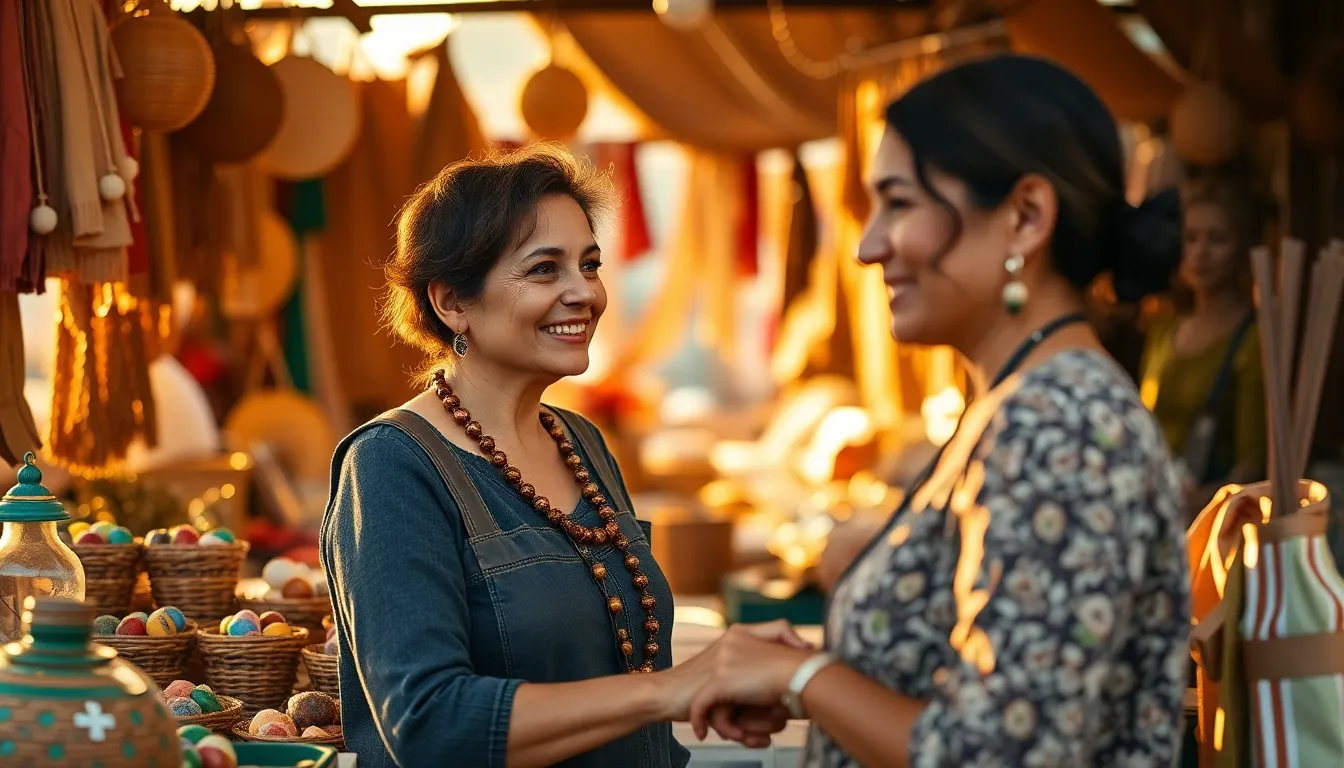 A female entrepreneur radiates warmth and enthusiasm while showcasing her handmade products at a bustling market. Golden evening light envelops the scene, enhancing the colors of her vibrant display. The shallow depth of field highlights the intricate details of the products, while the blurring background adds a soft, inviting quality. Leading lines in the arrangement draw attention to her joyful interaction with customers, inspiring creativity and connection.