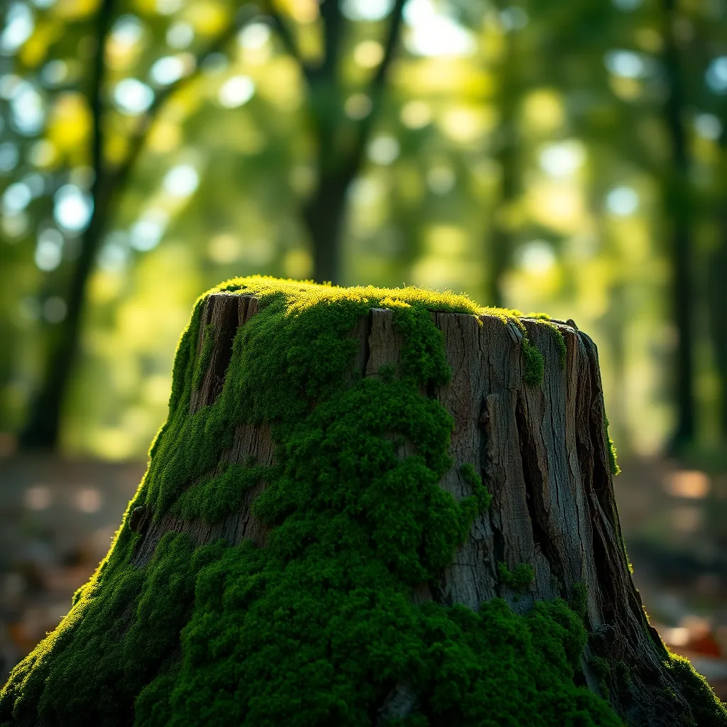 Moss-Covered Tree Stump in Sunlight