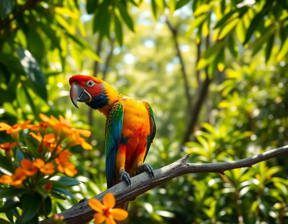 This stunning image presents a vibrant parrot perched gracefully on a branch within a lush jungle setting. The parrot's multicolored feathers stand out sharply against the rich greens of the jungle, illuminated by dappled sunlight filtering through the canopy. The details of the parrot's plumage and the surrounding flora create an immersive scene, inviting viewers into the vibrant ecosystem. The use of leading lines enhances the visual journey through the image, emphasizing the beauty of wildlife.