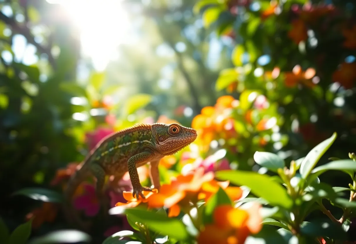 This dynamic image features a lively chameleon captivatingly blending into a vibrant jungle backdrop. Dappled sunlight creates an interplay of light and shadow, emphasizing the creature's vibrant colors and its remarkable adaptability. With a shallow depth of field, the chameleon stands out against a blurred backdrop of colorful foliage, conveying the richness of its environment. This photograph beautifully illustrates the beauty of one of nature's most extraordinary creatures.