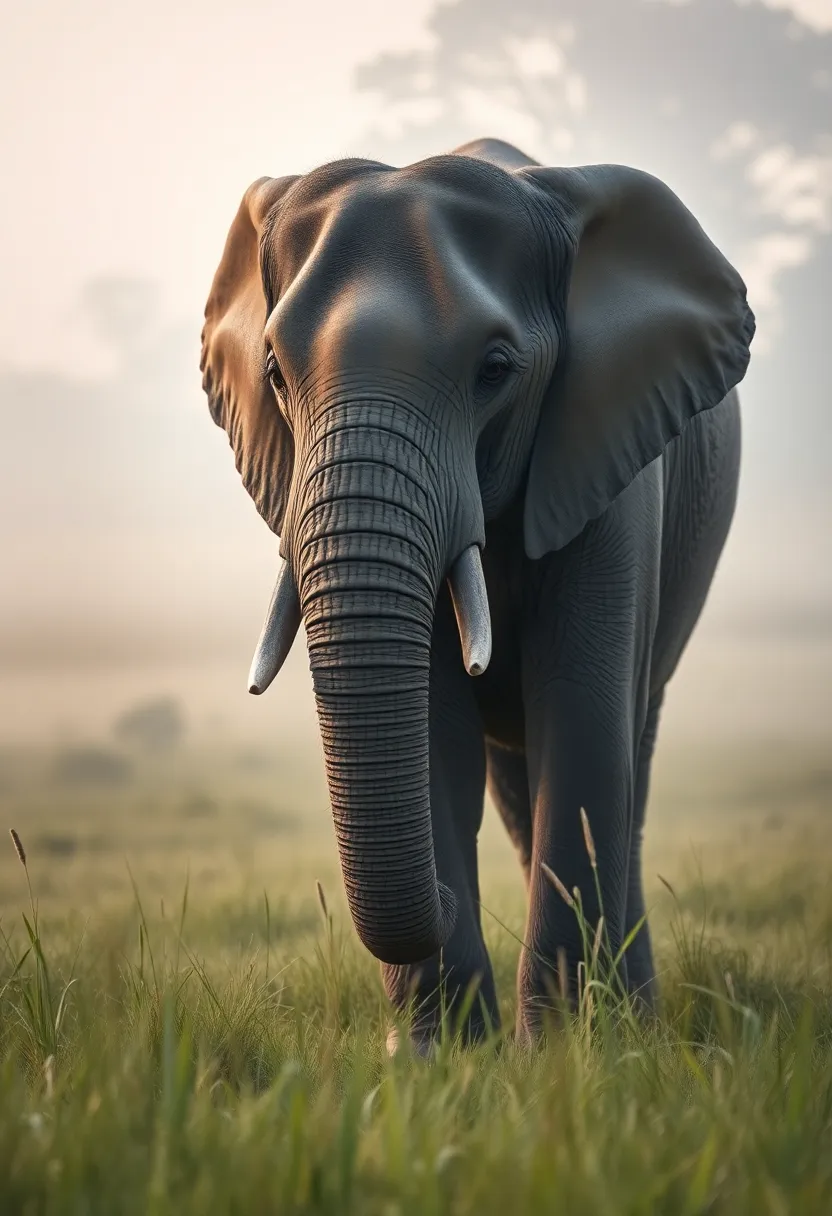 This serene photograph captures an Asian elephant gracefully standing in a misty landscape at dawn. The soft morning light enhances the elephant's natural beauty, highlighting its textured skin and gentle demeanor. The mist adds a mystical quality to the scene, enveloping the surroundings in calm and tranquility. The muted color palette and thoughtful composition invite viewers to appreciate the majestic presence of this gentle giant in its natural habitat.