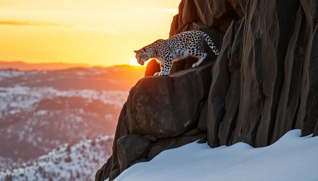 In this captivating image, a snow leopard ascends a rocky cliff under the enchanting hues of dusk. The backlighting highlights the leopard's exquisite fur, creating a mesmerizing silhouette against the warm twilight colors. The sharp focus captures every detail, from the rough texture of the cliff to the serene snow below. This powerful moment showcases the beauty and resilience of one of nature's most elusive creatures in its habitat.
