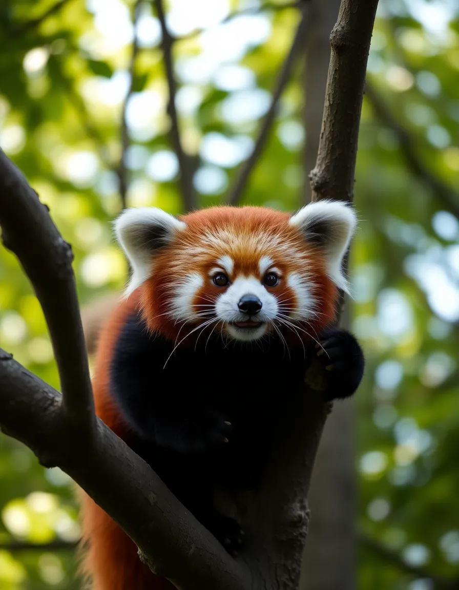 This delightful image features a playful red panda climbing a branch, showcasing its vibrant fur and agile movements. The soft, diffused lighting highlights the warm colors of the panda against a lush backdrop of green leaves. The gentle bokeh creates a dreamy atmosphere, allowing the panda's expressive face to shine as the focal point. This charming photograph encapsulates the playful spirit of wildlife in a serene natural setting.