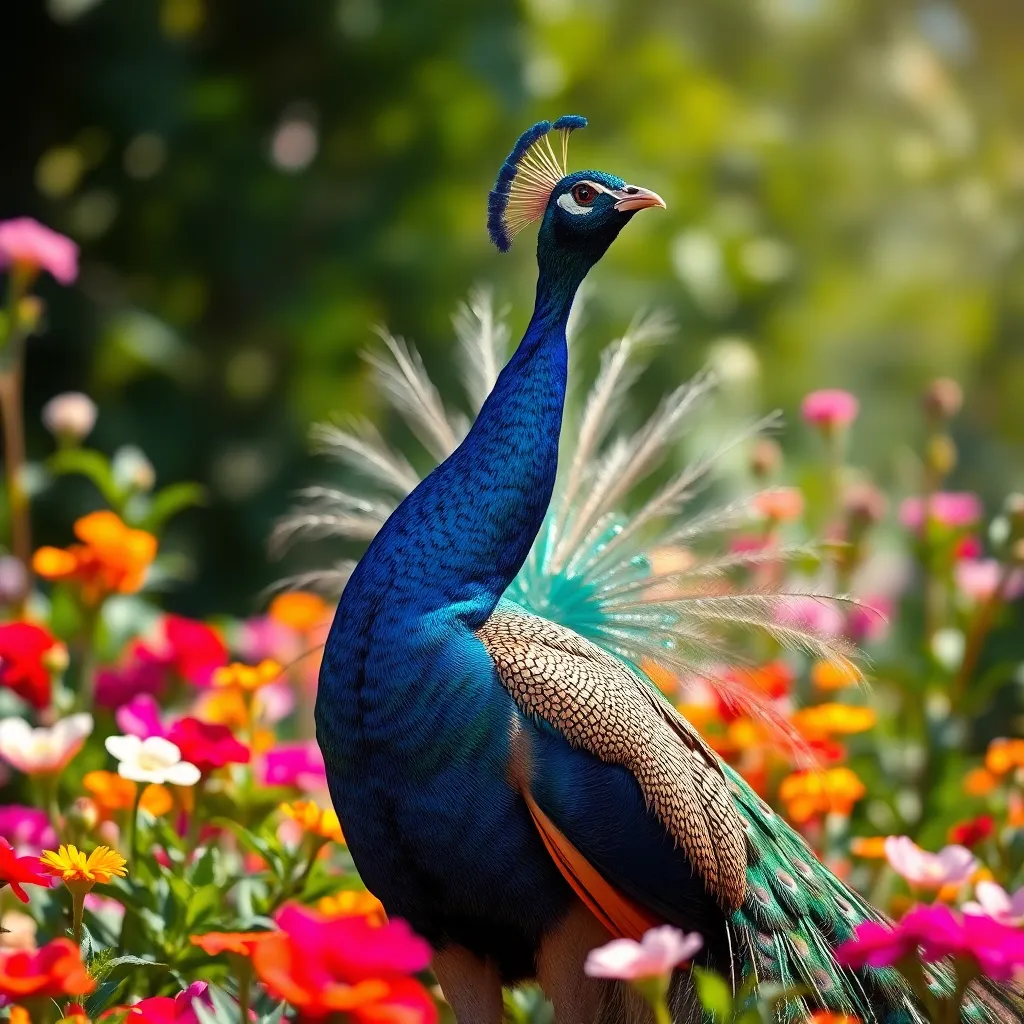 Indian Peacock Displaying Feathers in Garden