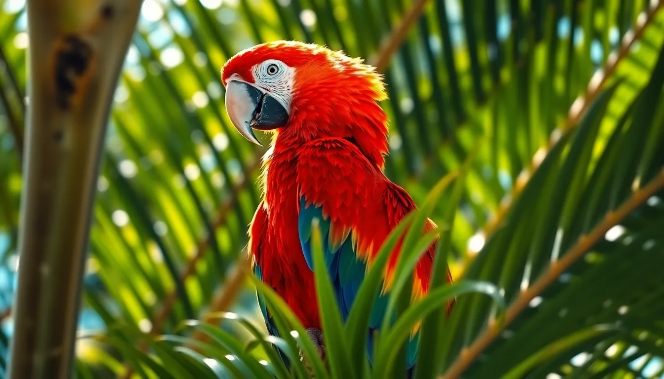 This stunning image captures a vibrant red macaw perched gracefully on a green palm tree, illuminated by bright morning sunlight. The combination of vivid colors and soft background creates a striking visual contrast, highlighting the macaw's intricate feather patterns. With a shallow depth of field, the image beautifully emphasizes the subject, while the lush greenery adds a tropical ambiance. This scene embodies the essence of exotic wildlife in a natural setting.