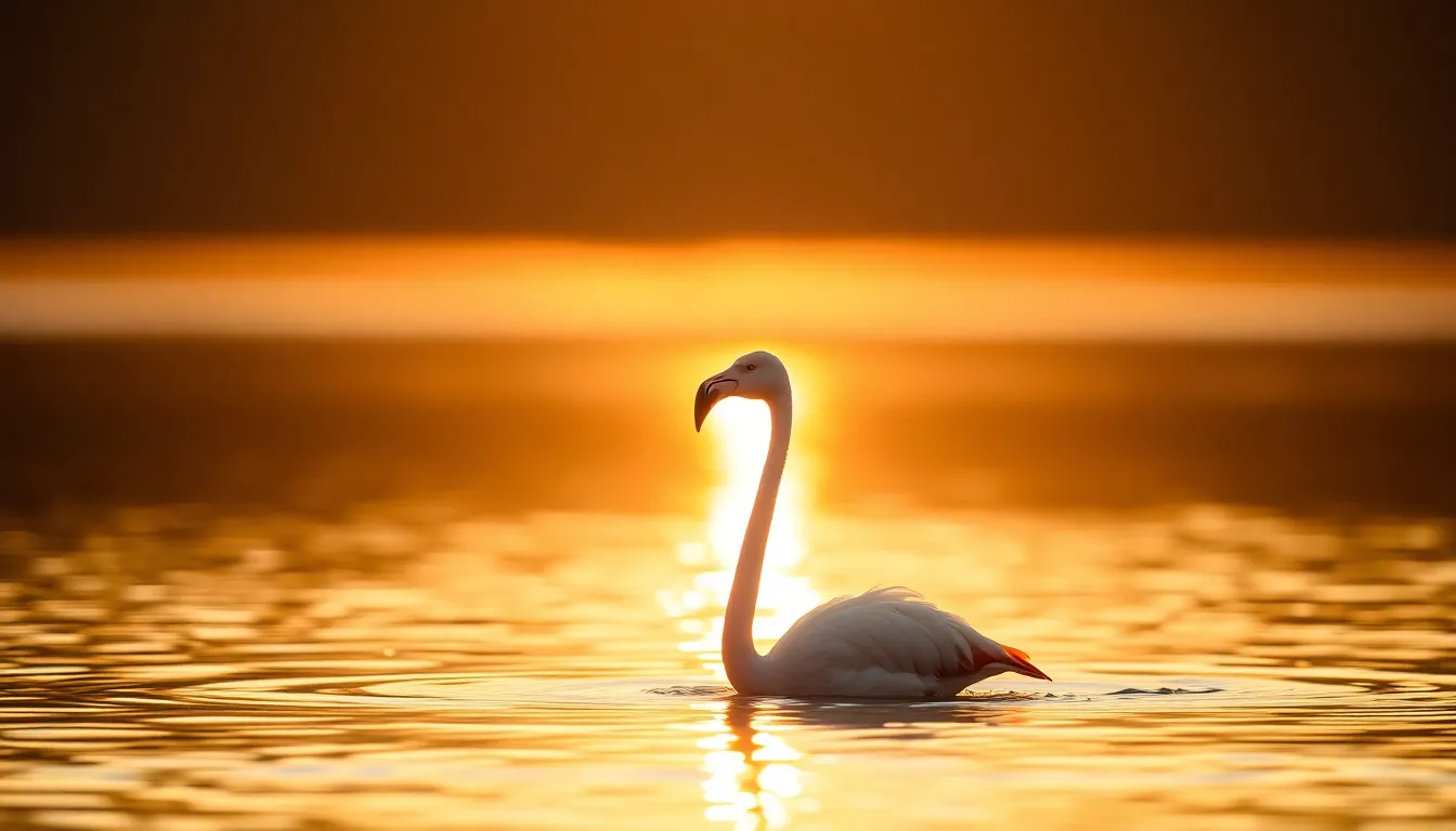 This serene image captures an elegant flamingo gracefully wading through a tranquil lake during the enchanting golden hour. The soft backlighting creates a warm glow around the bird, enhancing its delicate features and striking silhouette. With a dreamy bokeh background, the scene conveys a sense of peace and beauty in nature. This photograph deftly captures the quiet elegance of wildlife in its habitat.