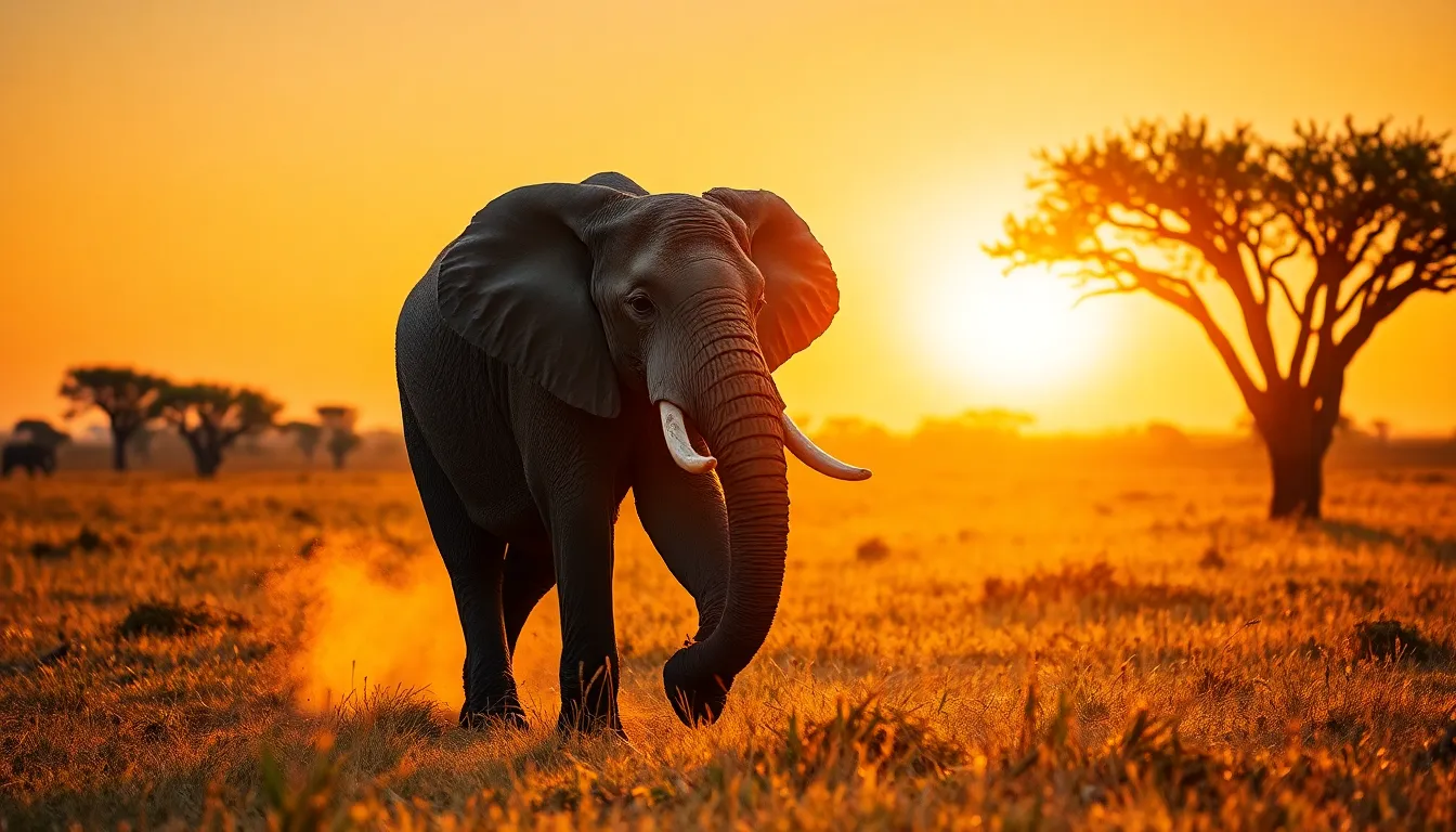 African Elephant in Golden Savanna This stunning image captures a majestic African elephant walking gracefully through a sunlit savanna, bathed in the warm hues of sunset. The soft golden light highlights the elephant's textured skin and the surrounding landscape, with dust particles dancing in the air. The composition effectively centers the elephant while leading lines from the grass guide the viewer's gaze into the tranquil scene. Rich earth tones combined with the warm colors of the sunset create an inviting and serene atmosphere.