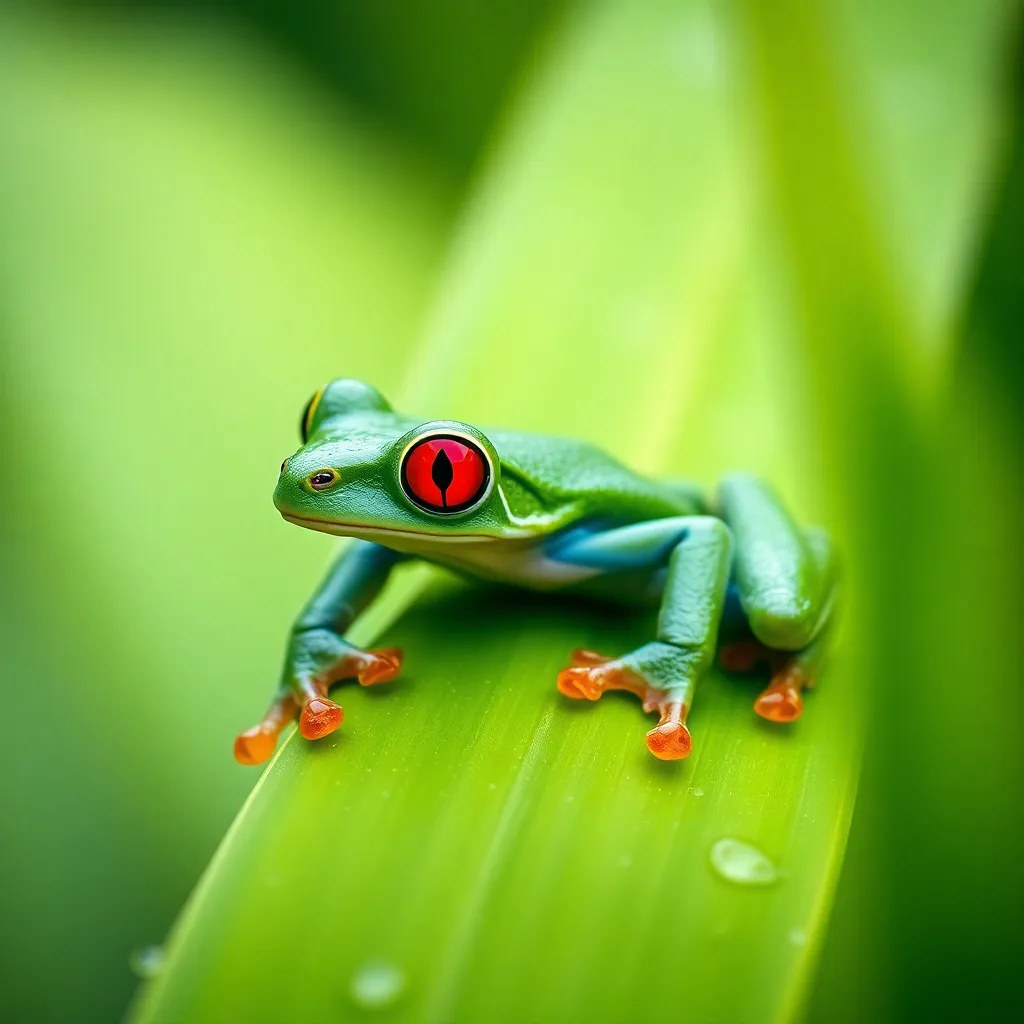Close-Up of Red-Eyed Tree Frog This close-up image showcases a red-eyed tree frog perched on glossy green leaves, capturing the essence of an exotic rainforest. The soft, diffused light after a rain creates a rich, vibrant atmosphere, enhancing the frog's striking coloration and intricate skin texture. Its vivid red eyes stand out beautifully against the lush foliage, making this photograph a captivating study of nature’s details. The composition invites viewers to explore the frog's delicate habitat.