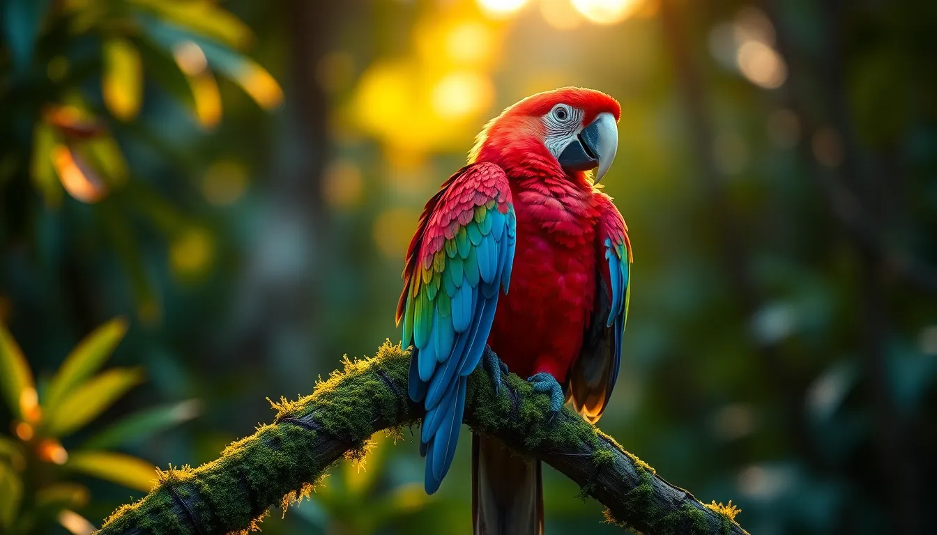 Vibrant Macaw Perched in Amazon Rainforest This vivid photograph captures a stunning macaw perched on a moss-covered branch, surrounded by the enchanting environment of the Amazon rainforest. Warm golden hour sunlight enhances the bird's vibrant feathers, while soft-focus foliage creates an immersive background. The rich green hues contrast with the macaw's reds and blues, embodying the beauty of exotic wildlife. Framed using the rule of thirds, this image invites the viewer into a lively moment in nature.