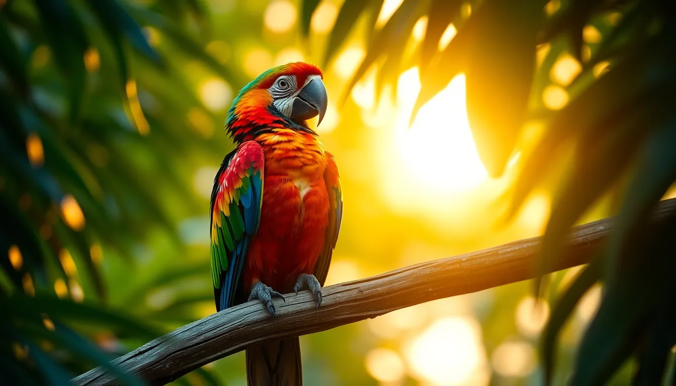 This stunning image features a vibrant macaw perched on a weathered branch amidst lush tropical foliage. Captured during golden hour, the warm backlighting highlights the bird's colorful feathers, creating a magical atmosphere. The blurred greenery surrounding the macaw enhances its striking profile, while the rich Kodak Portra color palette adds depth and warmth. This composition draws the viewer's eye to the intricate details of the bird, making it a captivating representation of exotic wildlife.