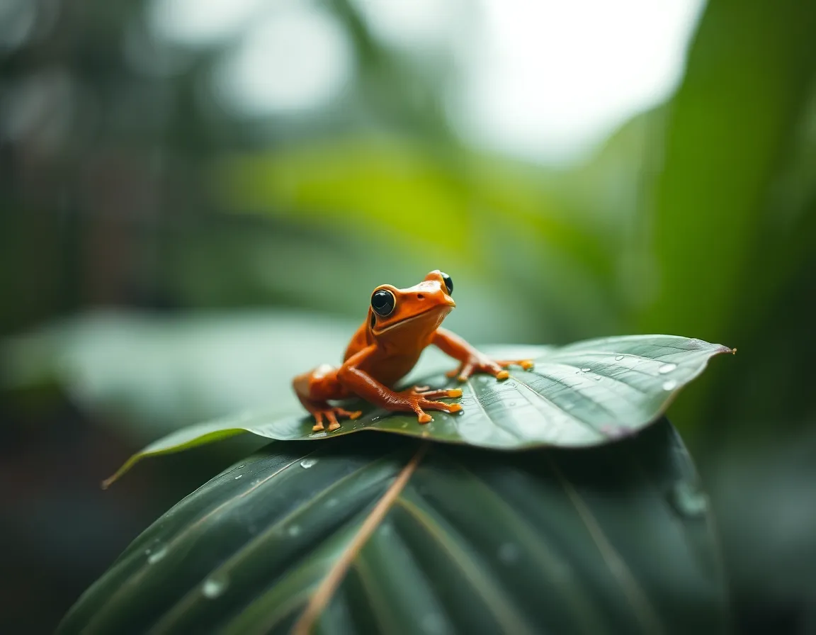 Exotic Frog on a Leaf During Rain