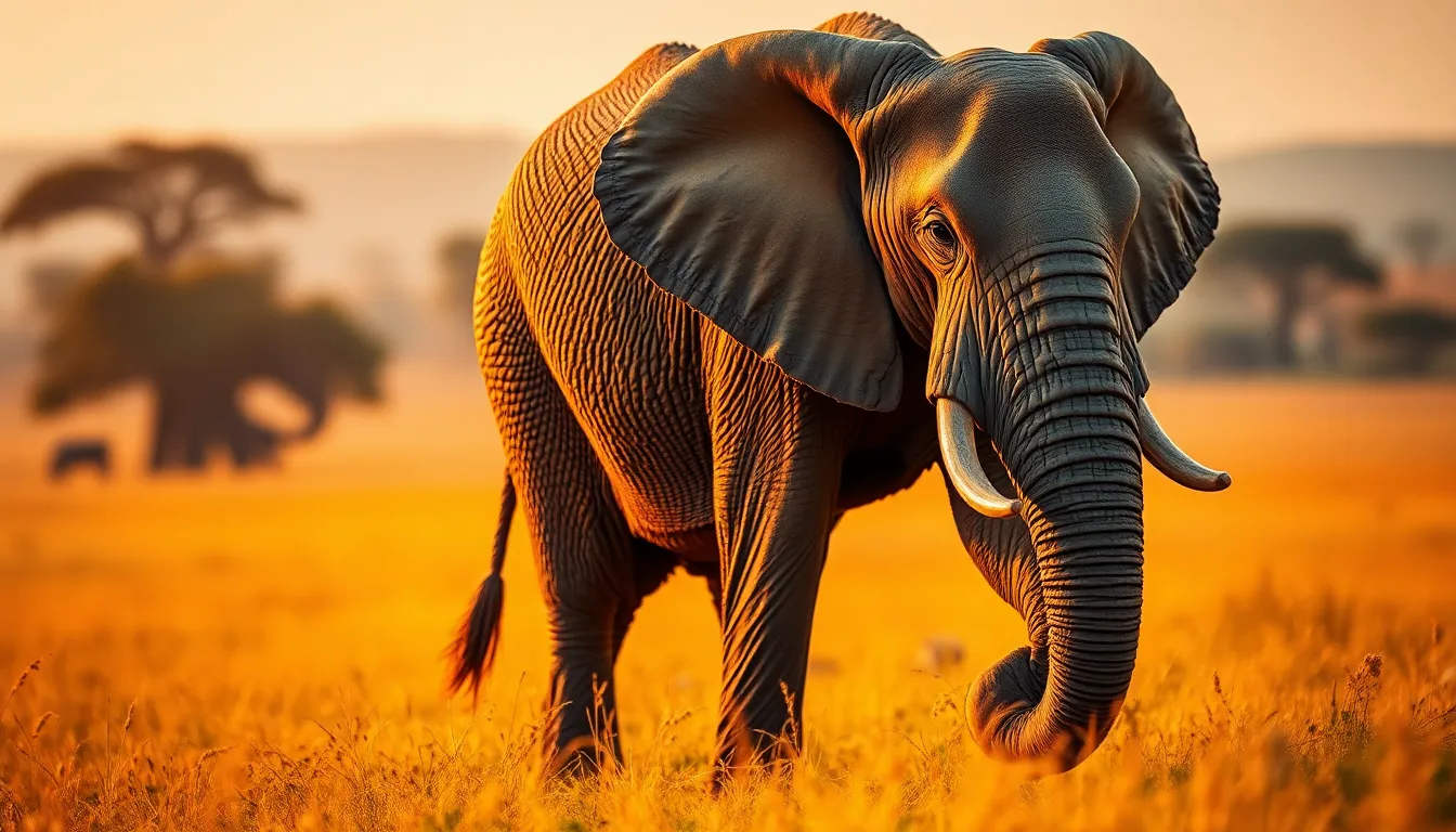Majestic African Elephant at Sunrise This breathtaking image captures the grandeur of an African elephant walking gracefully across the savannah during a serene sunrise. The warm golden light bathes the scene, enhancing the elephant's textured skin and prominent tusks with a soft glow. A shallow depth of field creates a dreamy bokeh effect, gently blurring the grassy foreground and distant trees. The warm colors, from orange hues to earthy browns, evoke a sense of tranquility and majesty in this iconic setting. This photograph beautifully celebrates the elegance of one of nature's most magnificent creatures.