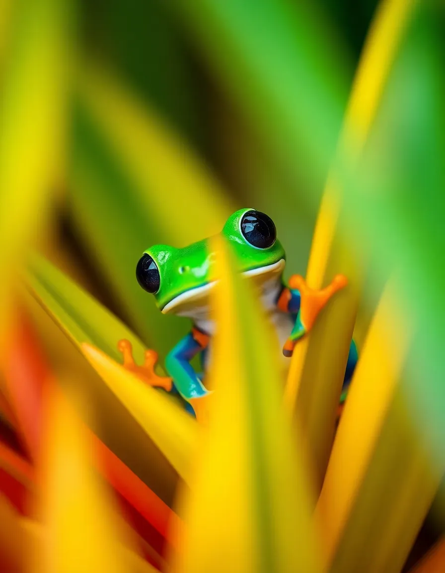 This enchanting image captures a vibrant poison dart frog nestled amidst colorful tropical foliage. Shot with a Fujifilm GFX 100S, the frog's vivid colors pop against the soft greens and yellows of the environment, illuminated by gentle diffused daylight. The shallow depth of field emphasizes the frog's intricate skin patterns while creating a dreamy and lush backdrop. This image skillfully showcases the beauty of exotic wildlife in a vibrant jungle setting.