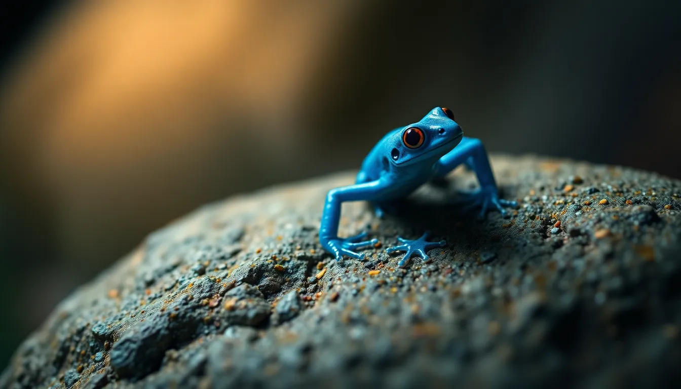 Close-Up of Rare Blue Poison Dart Frog This stunning close-up photograph features a rare blue poison dart frog resting on a textured stone in its natural environment. Soft daylight illuminates the frog's vibrant blue skin, bringing attention to its intricate patterns. With sharp focus on the frog and a beautifully blurred background, the image provides a captivating look into the world of this exotic amphibian. The earthy tones complement the vivid blue, enhancing the overall appeal of the composition.