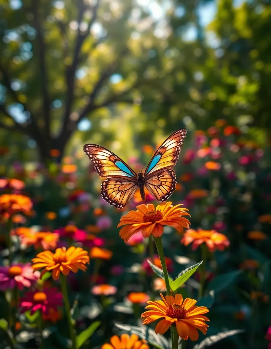 A breathtaking image of an exotic butterfly perched on a bright flower in a sunlit garden. The dappled sunlight creates soft bokeh surrounding the subject, enhancing the vibrant colors of both the butterfly and the flower. The symmetrical composition draws the viewer's attention to the delicate wing patterns, celebrating the beauty of nature.