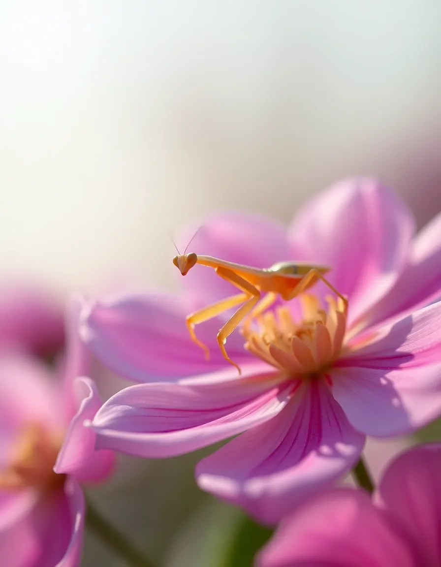 An exquisite orchid mantis blends in perfectly with a blooming flower, showcasing its remarkable camouflage in a tranquil garden setting. The soft morning light enhances the intricate details of the mantis and the delicate petals, while the hyperfocal depth of field ensures everything remains in sharp focus. This composition captures the essence of nature’s beauty, highlighting the elegance and charm of this exotic insect against a lush floral backdrop.