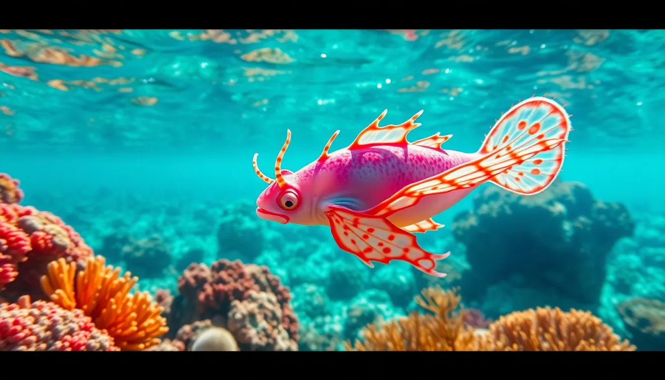 Flamboyant Cuttlefish Swimming Among Coral This captivating photograph portrays a flamboyant cuttlefish gliding through a vibrant coral reef, showcasing its otherworldly colors and patterns. Bright sunlight filters through the water, creating shimmering reflections that enhance the scene's beauty. With sharp focus on the cuttlefish and a dreamy blur of colorful corals, the image immerses the viewer in an aquatic paradise. The symmetric composition highlights the cuttlefish's mesmerizing form against a backdrop of rich marine hues.