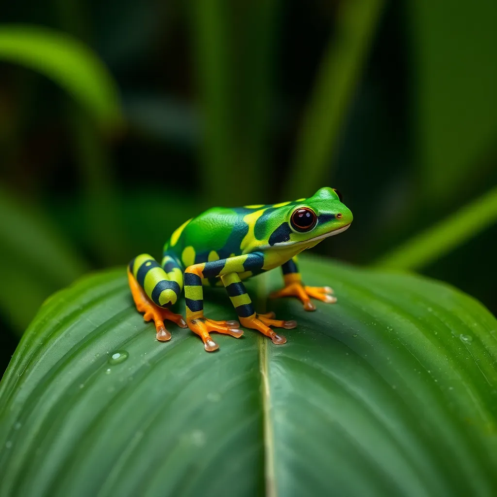 A vibrant poison dart frog rests on a large green leaf, its bright colors shining through the soft, diffused lighting. This exotic amphibian's unique patterns are brought to life with a shallow depth of field that keeps the focus sharp on the frog while the surrounding foliage fades softly. The image captures the essence of a tropical rainforest, showcasing the delicate balance of color and texture while emphasizing the frog’s striking beauty.