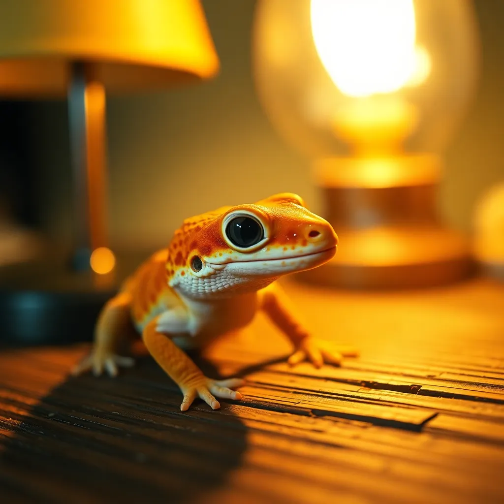 An exquisite close-up of a colorful gecko resting on a textured wooden surface, illuminated by warm tungsten lighting. The selective focus draws attention to the gecko's eye, revealing intricate details of its skin and vibrant colors. The warm tones and soft shadows create a cozy, inviting atmosphere, perfect for showcasing this exotic reptile.