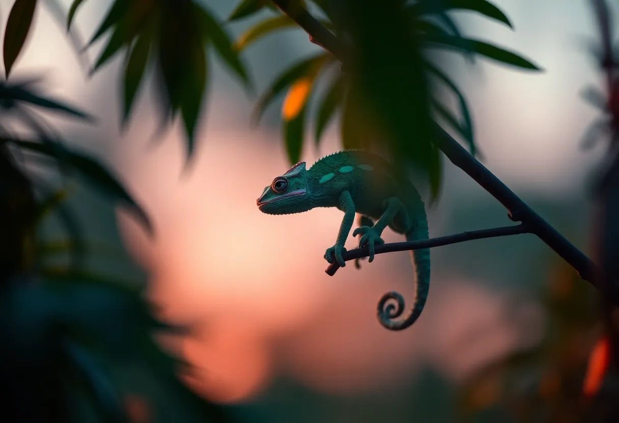 An enchanting image of a majestic chameleon climbing on a branch amidst lush vegetation during twilight. The soft diffused light envelops the scene, enhancing the chameleon's vibrant colors through cinematic teal and orange grading. The shallow depth of field highlights the intricate textures of the chameleon's skin, creating a magical, exotic atmosphere.