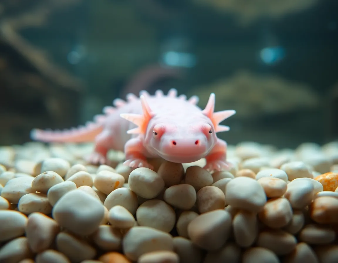 This serene image portrays a shy axolotl resting among smooth pebbles in a tranquil aquarium setting. The photograph, captured with a Leica Q3, showcases the delicate pink hues of the axolotl against the muted tones of the pebbles below, highlighted by gentle natural light. The shallow depth of field draws attention to the axolotl's unique features, creating a calming and intimate atmosphere. This composition artfully blends the beauty of exotic freshwater life with a serene underwater environment.