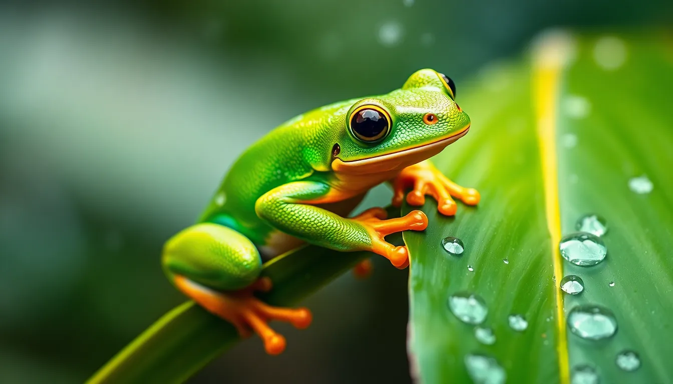 Colorful Tree Frog on Leaf After Rain This enchanting photograph captures a colorful tree frog nestled on a dewy leaf, with raindrops sparkling around it in a serene morning setting. The soft overcast light highlights the frog's vibrant hues and intricate skin texture. With a shallow focus that emphasizes the frog against a blurred background, the image invites the viewer into a moment of tranquility in nature. The lush greens of the leaf contrast beautifully with the bright oranges of the frog, creating a visually striking composition.
