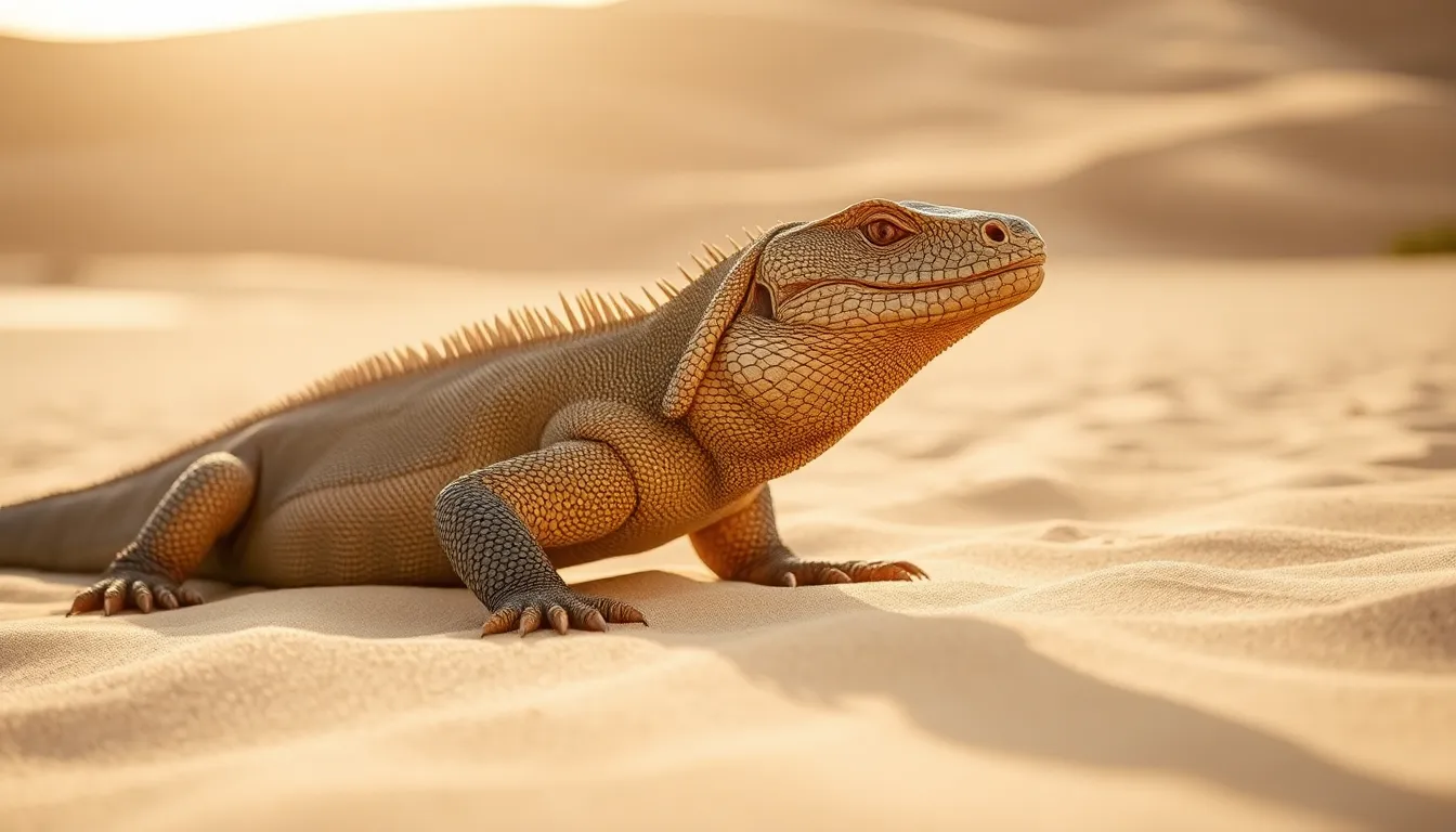 This compelling image features a fierce Komodo dragon basking on a sandy beach, inviting viewers to witness its raw beauty. Captured with a Nikon Z9, the bright afternoon light enhances the intricate textures of its scales while giving depth to the sandy landscape. Utilizing a hyperfocal distance, the background remains sharply defined, drawing the eye toward the dragon. This photograph encapsulates the essence of an exotic creature in its natural habitat.