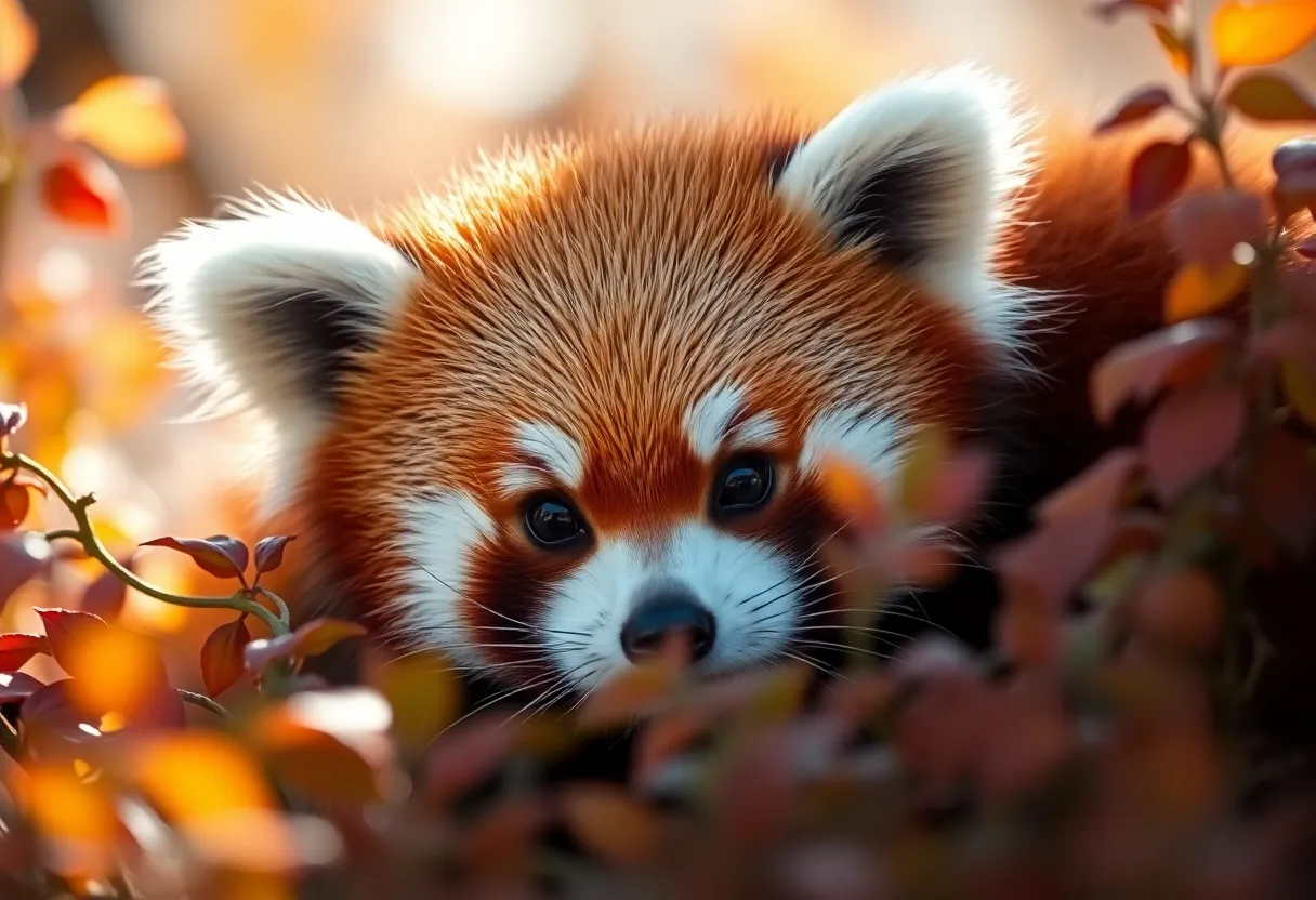 Ethereal Portrait of a Red Panda This intimate portrait captures a red panda nestled among colorful autumn foliage. Soft diffused sunlight bathes the scene in warmth, accentuating the panda's furry texture and expressive features. The shallow depth of field draws the viewer's eye directly to the panda, while the background softly blurs into a palette of earthy tones. This image evokes a sense of tranquility and connection with this adorable exotic creature.