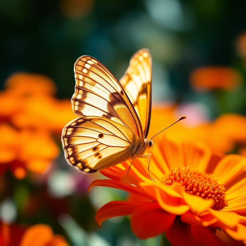 Macro Shot of Butterfly on Flower This exquisite macro image highlights a butterfly perched delicately on a vibrant flower, showcasing the stunning patterns and colors of its wings. Illuminated by natural sunlight, the scene is filled with warmth, enhancing the rich oranges and yellows that dominate the composition. A shallow depth of field isolates the butterfly, allowing for a detailed view of its intricate wing textures while blurring the flower background into a gentle bokeh. The thoughtful rule of thirds composition strikes a balance, making this image a captivating representation of nature's elegance.