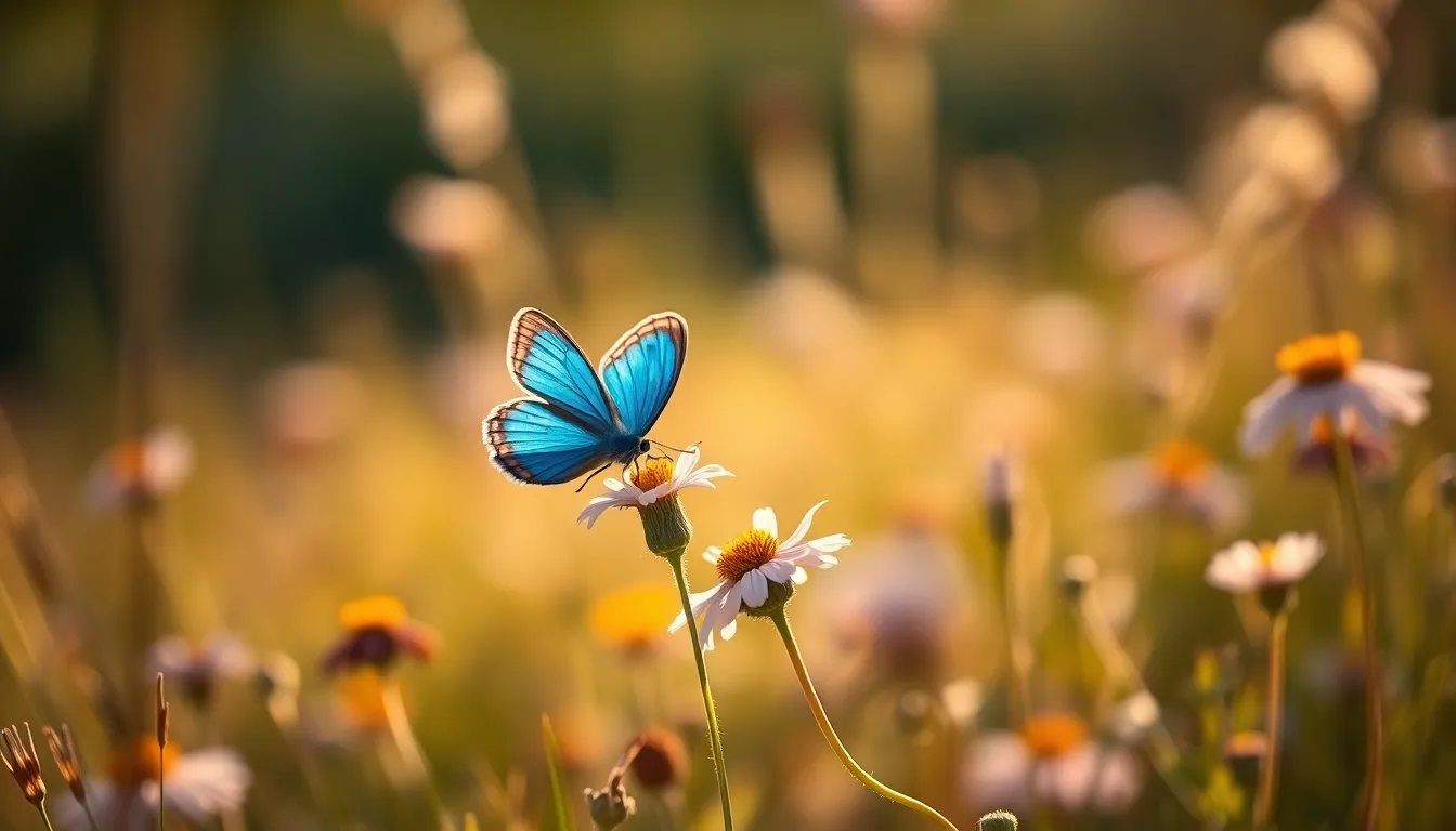 This enchanting image captures a vibrant blue butterfly delicately perched on the edge of a wildflower in a sunlit meadow. The soft, warm glow of natural sunlight highlights the intricate details of the butterfly's wings, creating a serene and uplifting atmosphere. With a shallow depth of field, the surrounding flowers and grass melt into a beautiful bokeh, emphasizing the butterfly as the focal point. The muted earth tones of the scene perfectly complement the vivid blue of the butterfly, making this a stunning representation of nature's beauty.