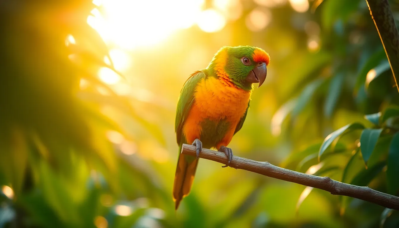 A stunning close-up of a vibrant parrot perched on a branch amidst a lush tropical backdrop during golden hour. The warm backlighting accentuates the parrot's colorful feathers, while the background remains softly blurred, emphasizing the bird's intricate textures. Rich greens of the foliage enhance the parrot's vivid colors, creating an inviting and exotic atmosphere.