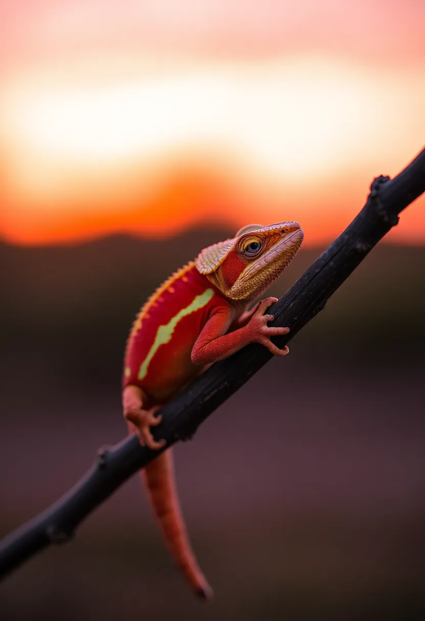 A colorful chameleon rests on a branch at sunset, engulfed in warm hues of orange and purple. The shallow depth of field highlights the chameleon's striking patterns while softly blurring the background, creating an ethereal effect. The image captures a moment of tranquility in the wild, showcasing the chameleon's unique ability to blend into its surroundings while being illuminated by the last rays of sunlight.