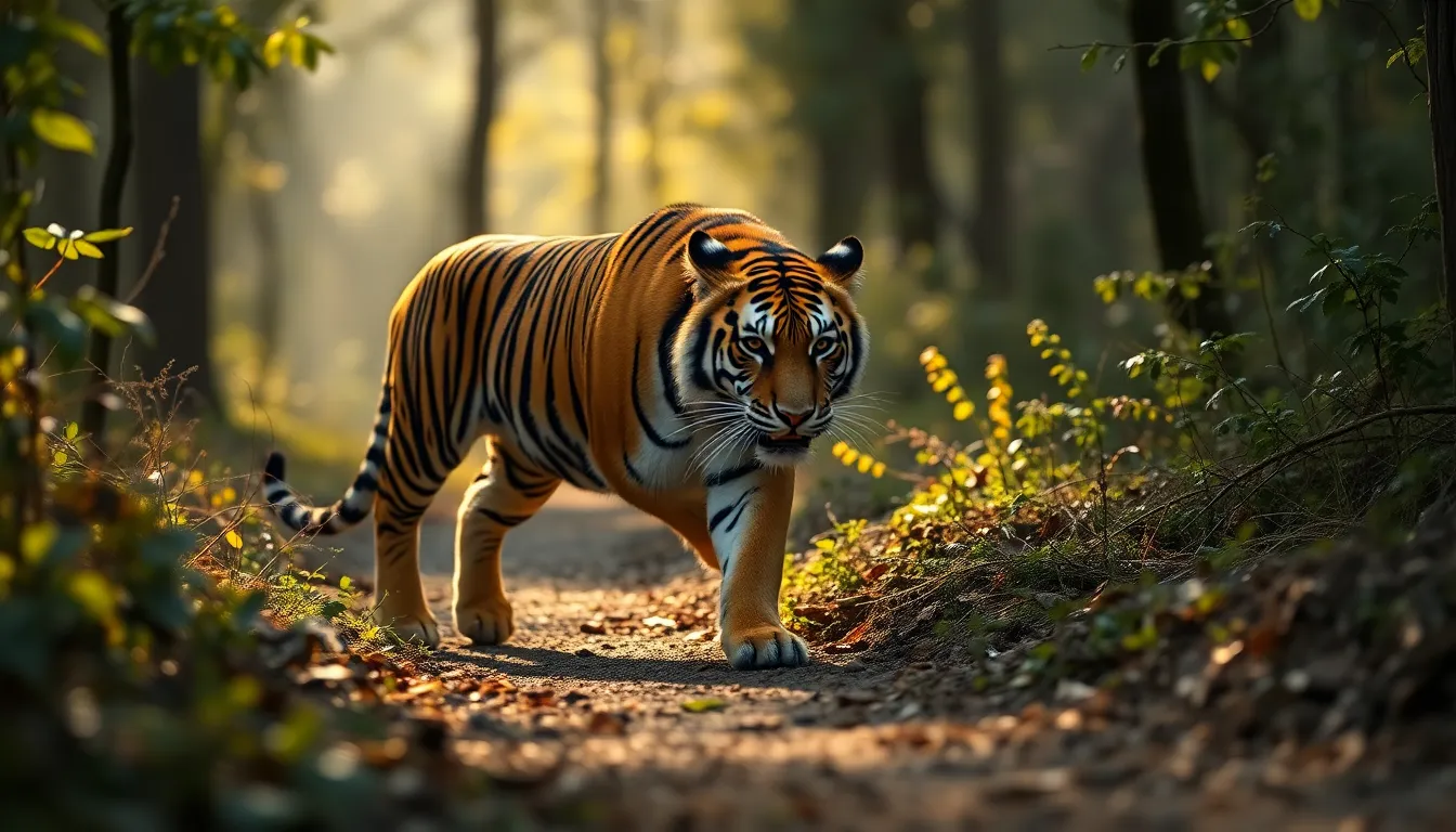 Bengal Tiger in a Sunlit Forest This impressive photograph showcases a Bengal tiger gracefully moving through a sun-drenched forest. The soft morning light enhances the tiger's vibrant fur while casting gentle shadows across the forest floor. Captured in stunning detail, the image highlights the intricate textures of both the animal's coat and the lush greenery around it. The composition effectively draws the viewer's gaze toward the powerful presence of this exotic animal, embodying the wild beauty of nature.