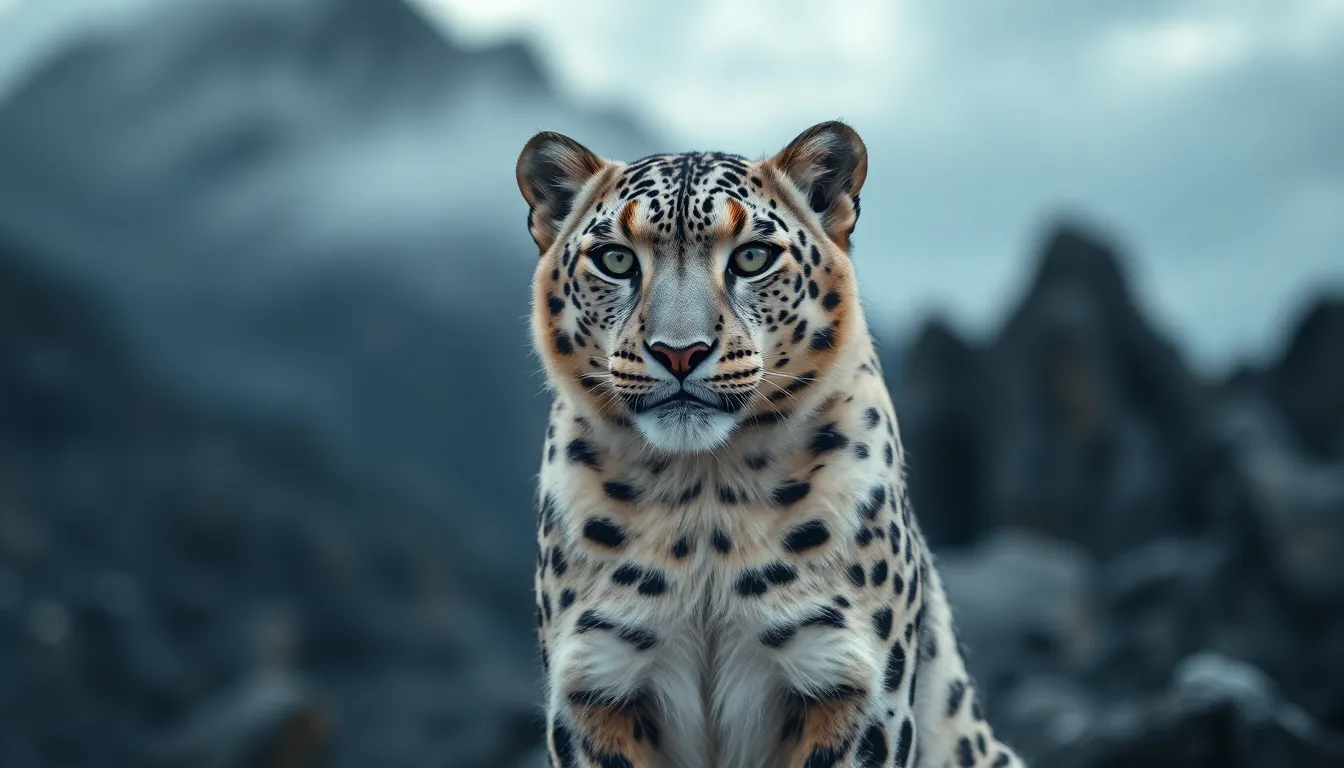 This breathtaking image captures a snow leopard elegantly posed against a rugged mountain backdrop at dusk. The soft, diffused daylight creates a serene atmosphere, highlighting the cool blues and grays of the scene. The leopard’s intense gaze draws the viewer in, while soft bokeh enhances the composition's depth. The leading lines of the rocky terrain guide the eye, emphasizing the beauty and majesty of this exotic animal in its natural habitat.